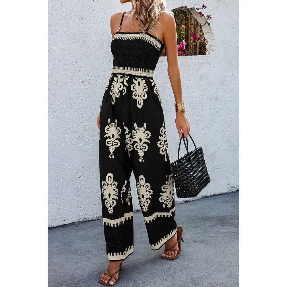 Black Boho Off Shoulder Ruched Printed High Waist Wide Leg Jumpsuit Size S-2X - Picture 3 of 6
